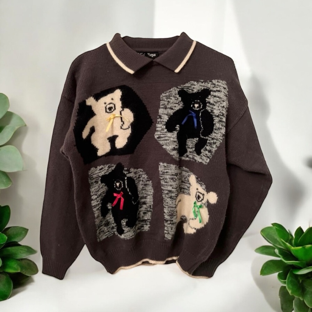 Vintage Angora Wool Blend Teddy Bear Bow Sweater Size M Gray/Cream Fuzzy